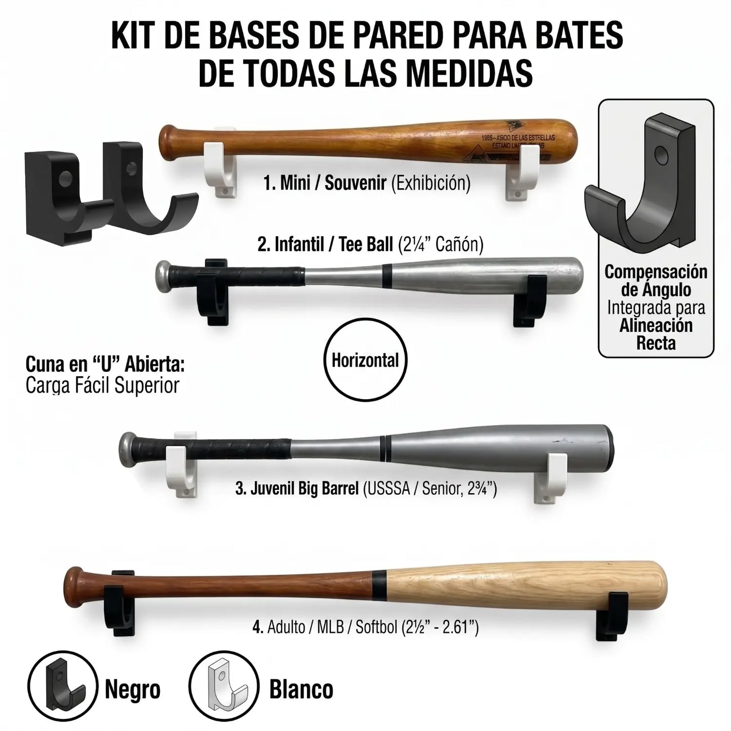 Base de Pared Horizontal para Bates de Béisbol (4 Tamaños)