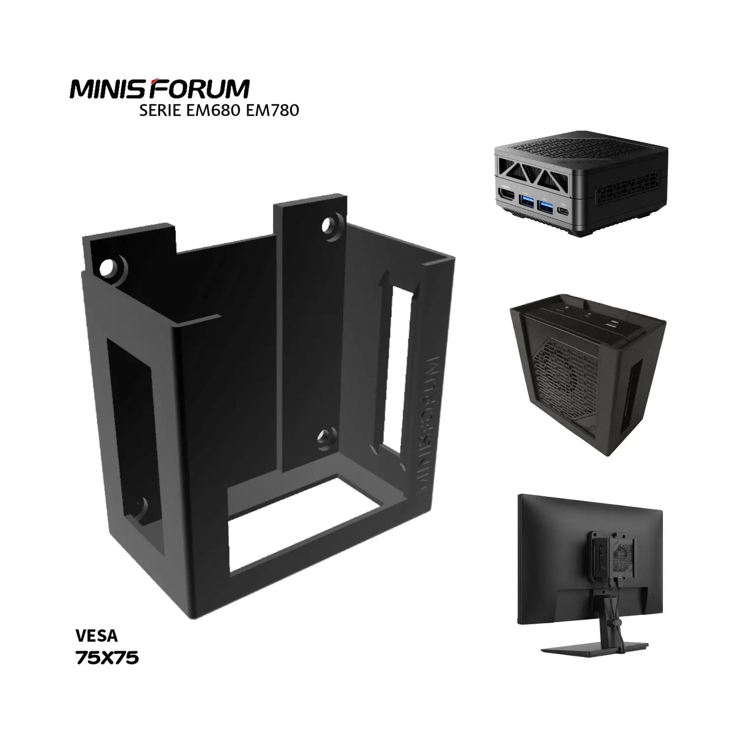 Base VESA 75x75 para Mini PC Minisforum Serie Mercury (EM680 / EM780) - JiD Bases y Accesorios