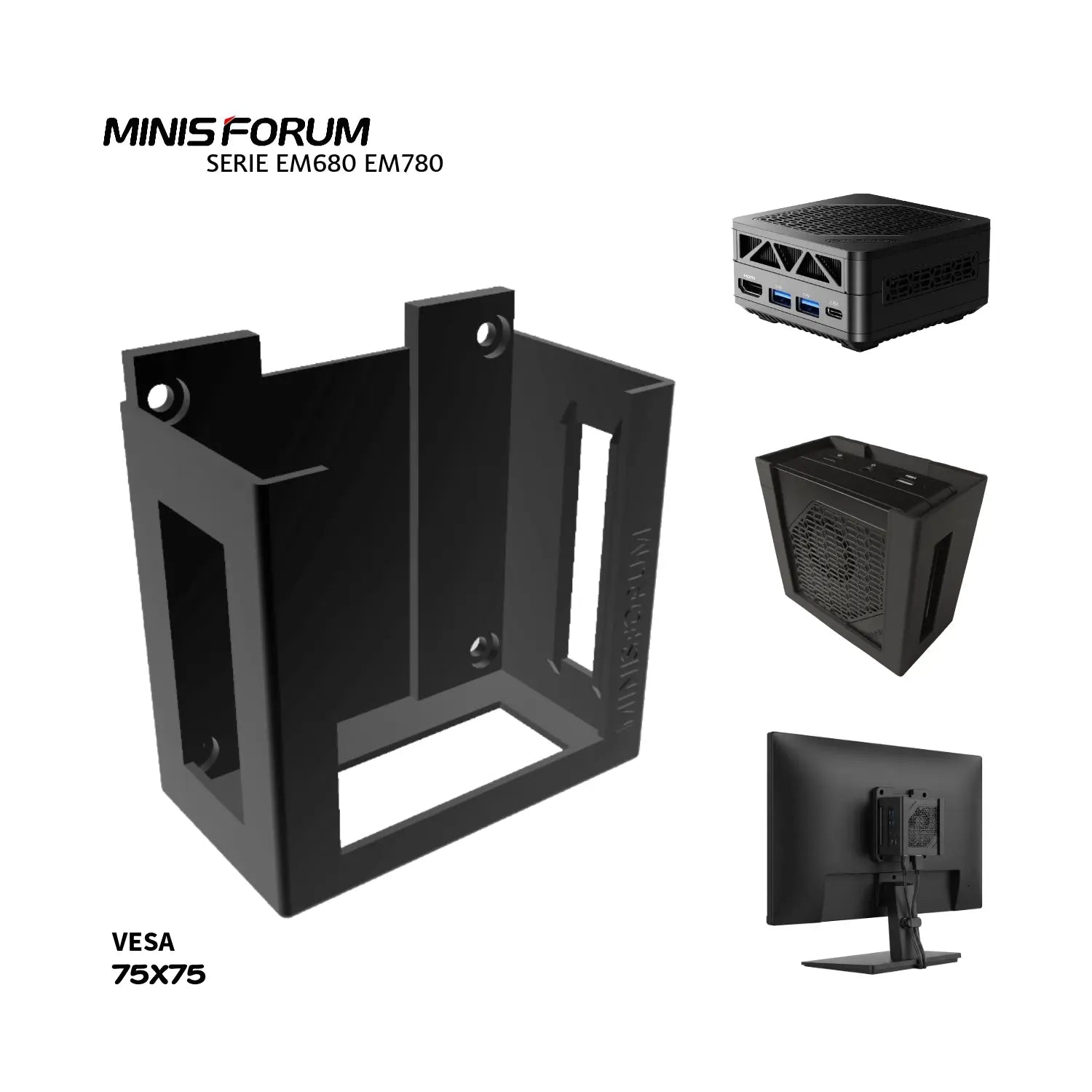 Base VESA 75x75 para Mini PC Minisforum Serie Mercury (EM680 / EM780) - JiD Bases y Accesorios