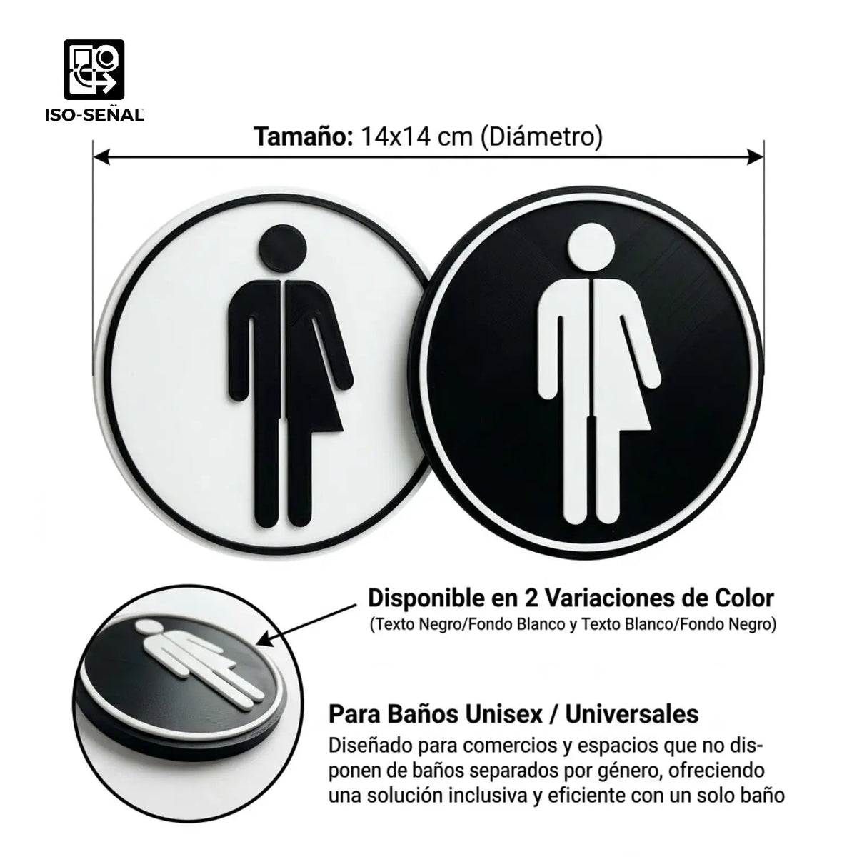 Señalización Circular para Baño Unisex con Relieve (14 cm) - JiD Bases y Accesorios