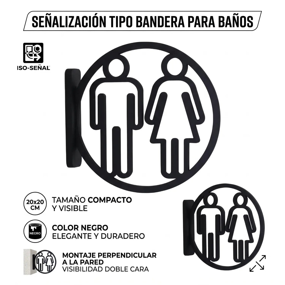 Señalización Tipo Bandera Para Baños Circular 20x20 cm – Doble Cara - JiD Bases y Accesorios